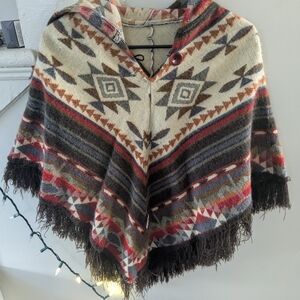 Geometric Patterned Poncho with Fringe